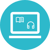 Computer with book and headphones icon