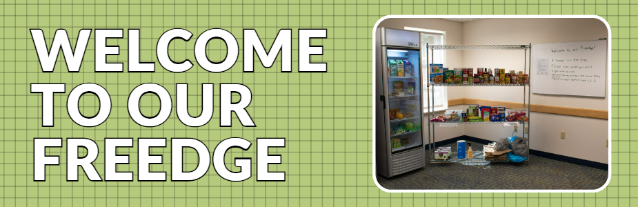 "Welcome to Our Freedge" with photo of refrigerator and shelf filled with food