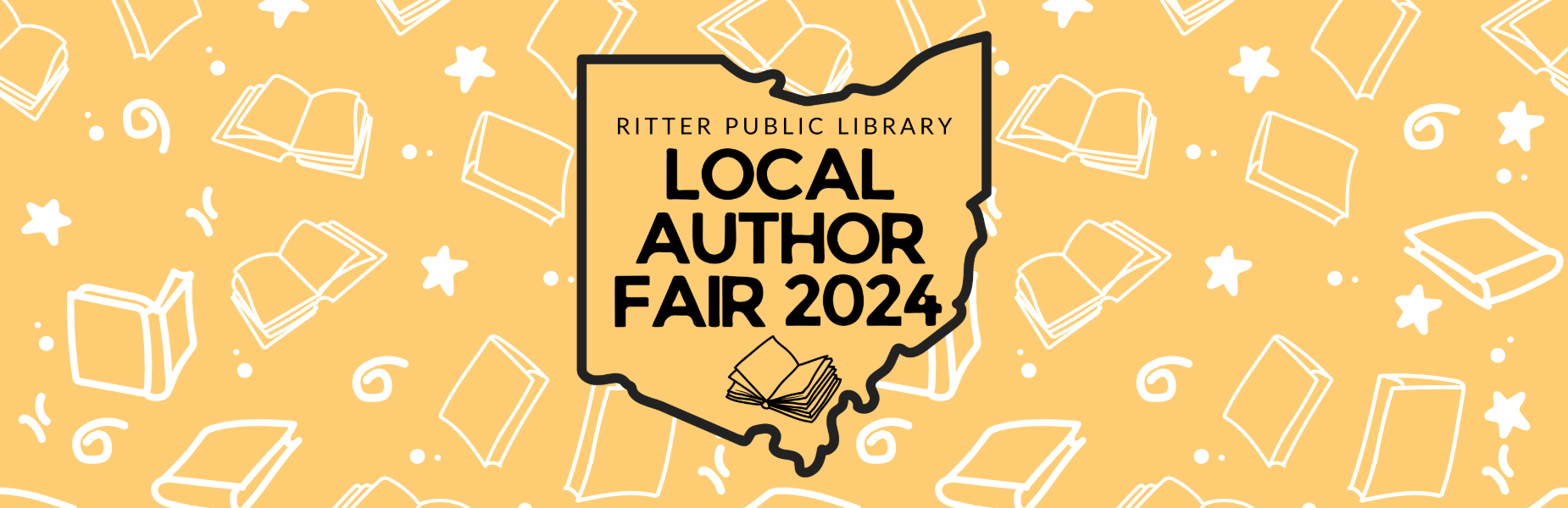 "Ritter Public Library Local Author Fair 2024" logo with outline of state of Ohio in black and orange with illustration of book, against orange background with white graphics of books, swirls, lines, and stars